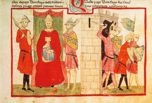 Papst Bonifatius VIII. in Anagni und die Vertreibung von Sciarra Colonna (Giacomo Colonna) aus der Stadt, Miniatur aus der Chronik von Giovanni Villani, Manuskript Chigi L VIII 296 folio 176 recto, Italien, 14. Jahrhundert