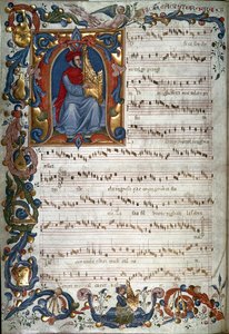 Porträt von Francesco Landino und eine musikalische Partitur, Illustration aus dem "Squarcialupi-Codex", um 1325-35