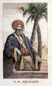 Porträt von Giovanni Battista (Gianbattista) Belzoni (1778-1823), italienischer Entdecker und Archäologe, der wichtige archäologische Entdeckungen in Ägypten machte. Gravur - in „Viaggio in Egitto e in Nubia“ von Belzoni, Mailand von Italian School