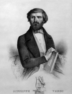 Porträt des italienischen Komponisten Giuseppe Verdi (1813-1901) im Jahr 1844 mit der Partitur der Oper „I due foscari“