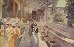 Postkarte mit Frauen an der Bar von Tettuccio, Bagni di Montecatini von Italian School