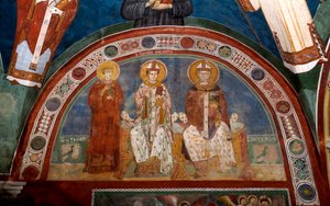 Darstellung von Saint Stephen, christlicher Märtyrer, Saint Thomas Becket (1118-1170), Erzbischof von Canterbury und Saint Nicholas von Myra oder Bari (270-345). Anonymes Fresko (13. Jahrhundert) Unterkirche. Kloster von Saint Benedetto (Sacro Speco), Subi von Italian School