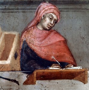 Darstellung eines Kämmerers Detail - der Beamte ist mit einem Liripion bedeckt - Anonymes Gemälde auf Holz einer Biccherna (Umschlag des Rechnungsregisters der Stadt Siena) 1388. Siena Archivio di Stato, Italien von Italian School
