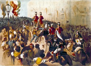Darstellung des Attentats von Giovanni Passannante (1849-1910) auf den italienischen König Umberto I. im Jahr 1878 in Neapel. Dieses Ereignis inspirierte den Dichter Giovanni Pascoli zu einer Ode. Gravur aus dem 19. Jahrhundert von Italian School