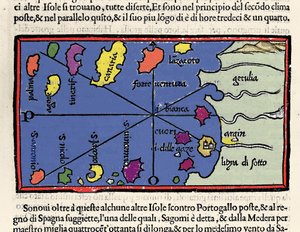 Darstellung der Kapverdischen Inseln. Isolario (Inselkarte) von Benedetto Bordone. Venedig 1547