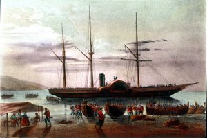 Risorgimento: die Abreise am 8.08.1860 von Giuseppe Missori, Offizier der Armee von Giuseppe Garibaldi (1807-1882), in der Meerenge von Messina in Richtung Fort von Villa San Giovanni. Illustration des 19. Jahrhunderts