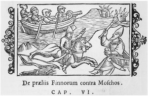 Russen und Finnen kämpfen, Illustration aus Historia de Gentibus Septentrionalibus von Olaus Magnus (1490-1558), veröffentlicht in Rom, 1555 von Italian School