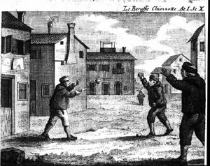 Szene 10 des 1. Akts des Lustspiels „Le baruffe chiozzotte“ (Streit in Chioggia) (1762) von Carlo Goldoni (1707-1793). Gravur aus dem 18. Jahrhundert
