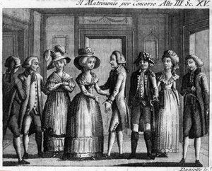 Szene 15 des 3. Akts des Lustspiels "Il matrimonio per concorso" von Carlo Goldoni (1707-1793). Gravur aus dem 18. Jahrhundert