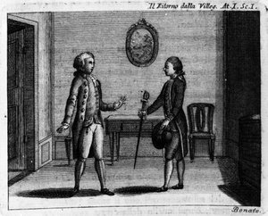Szene 1 des 1. Akts des Lustspiels "Ritorno della villeggiatura" (Rückkehr der Stadt) (1761) von Carlo Goldoni (1707-1793). Gravur aus dem 18. Jahrhundert von Italian School