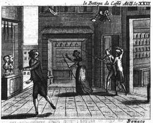Szene 23 des 2. Akts des Lustspiels „La bottega del caffe“ (Das Café) (1750) von Carlo Goldoni (1707-1793): Spieltische. Gravur aus dem 18. Jahrhundert von Italian School