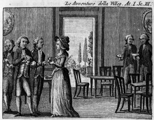 Szene 3 des ersten Akts des Lustspiels „Le avventure della villeggiatura“ (Die Abenteuer der Stadt) (1756) von Carlo Goldoni (1707-1793). Gravur des 18. Jahrhunderts