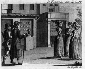 Szene 4 des 2. Akts des Lustspiels „Il ventaglio“ (Der Fächer) (1764) von Carlo Goldoni (1707-1793). Gravur aus dem 18. Jahrhundert