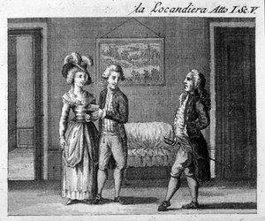 Szene 5 des 1. Akts des Stücks "La locandiera" (1753) von Carlo Goldoni (1707-1793). Gravur aus dem 18. Jahrhundert
