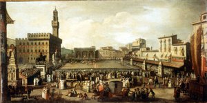 Schauspiel auf der Piazza della Signoria in Florenz. Öl auf Leinwand