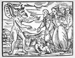 Zauberer präsentieren ein Kind dem Teufel, aus Compendium Maleticarum von Fr M Guaccius (1608) illustriert in einer Geschichte der Magie, veröffentlicht Ende des 19. Jahrhunderts von Italian School
