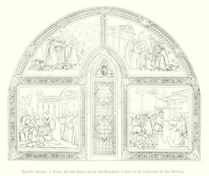 Spinello Aretino, Totila, König der Goten, vor San Benedetto, Ostseite der Sakristei von San Miniato (Gravur) von Italian School