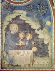 Hl. Benedikt befiehlt einem Raben, das vergiftete Brot zu nehmen (Fresko) von Italian School
