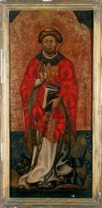 St. Philipp tritt auf einen Dämon, Gemälde auf Holz aus dem 15. Jahrhundert