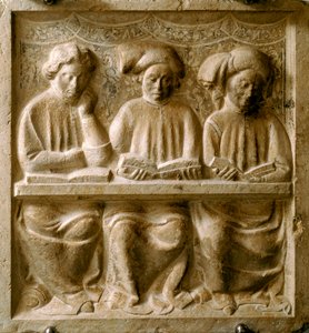 Studenten im Unterricht. (Flaches Marmorrelief, Anfang des 14. Jahrhunderts)