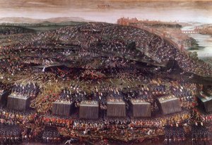 Die Schlacht am Weißen Berg während des Dreißigjährigen Krieges (Deutschland 1620), die Böhmen unter der Führung von Friedrich V. gegen die Heilige Liga. Ölmalerei. Rom, Kirche St. Maria vom Sieg