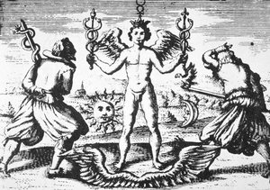Der Merkur der Philosophen, aus Della Tramutatione Metallica von Giovanni Battista Nazari (1589) illustriert in einer Geschichte der Magie, veröffentlicht Ende des 19. Jahrhunderts