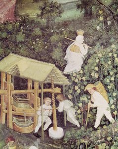 Der Monat Oktober, Detail der Traubenpflücker beim Traubenpressen, ca. 1400