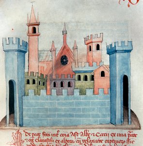 Die Stadt Cherasco (Querasque) in der Provinz Coni im Piemont in Italien. Kirche und Mauer und Befestigungsturm der mittelalterlichen Stadt. Seite aus Codex Astensis oder Malabayla. Miniatur aus dem 13. Jahrhundert. Asti, Archivio Storico Comunale