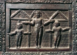 Die Kreuzigung Christi, Fliese vom Haupteingang aus Zypressenholz, Basilika Santa Sabina, Rom, Latium, Italien, 5. Jahrhundert