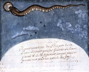Die Mondfinsternis, vorgestellt von den Mogul-Indianern (eine Schlange, die den Mond verschlingt). Seite aus dem Manuskript (ms.8300) „Geschichte der Mogul“ von Stefano Nivibus Cardeira. 18. Jahrhundert. Biblioteca Marciana, Venedig