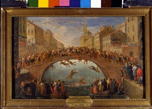 Das Spiel der Brücke in Venedig. Die Schlacht der Stöcke auf der Ponte Santa Fosca. Gemälde der venezianischen Schule. 18. Jahrhundert