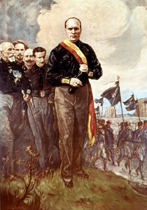 Der Marsch auf Rom: Benito Mussolini auf dem Weg nach Rom umgeben von Schwarzhemden am 28.10.1922 nach dem (verschwundenen) Gemälde von S. Galimberti