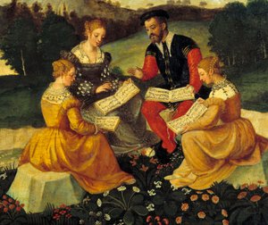 Das Vokalkonzert. Malerei der italienischen Schule. 16. Jahrhundert. Bourges, Hotel Lallemant - Das bukolische Konzert. Malerei der italienischen Schule. 16. Jahrhundert. Hotel Lallemant, Bourges, Frankreich von Italian School