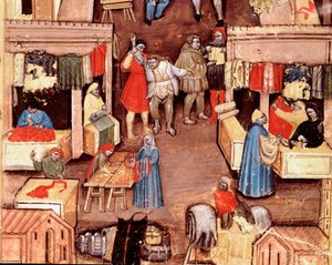 Der Spaziergang des Platzes Ravegnana in Bologna mit Tuchhändler