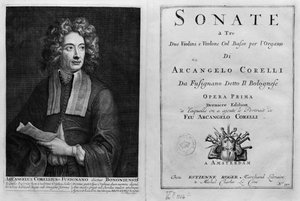 Titelseite von Sonate a Tre mit einem Porträt von Arcangelo Corelli (1653-1713)