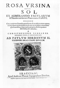 Titelseite zu Rosa Ursina sive Sol von Christoph Scheiner, veröffentlicht 1630 (Druck)