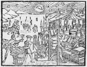 Handel in Skandinavien, Illustration aus Historia de Gentibus Septentrionalibus von Olaus Magnus (1490-1558), veröffentlicht in Rom, 1555