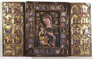Triptychon der Madonna mit Kind mit Evangelisten, Propheten und Szenen aus dem Leben Christi
