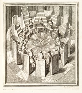 Zwölf Richter der Rota beten in einer runden Halle um den Heiligen Geist, veröffentlicht 1717 (Kupferstich) von Italian School