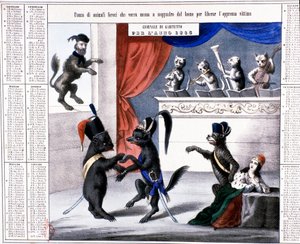 Einheit Italiens: allegorischer Kalender des Jahres 1865: Karikatur, die den Löwen Giuseppe Garibaldi zeigt, wie er sich darauf vorbereitet, auf die französische Maus und den österreichischen Fuchs zu springen, um Italien zu befreien. Die Musiker sind Katz