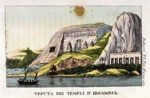 Ansicht des Tempels von Abu Simbel. Der Autor Giovanni Battista (Gianbattista) Belzoni (1778-1823), ist ein italienischer Entdecker und Archäologe, hat wichtige archäologische Entdeckungen in Ägypten gemacht. Gravur - in „Viaggio in Egitto e in Nubia“ von 