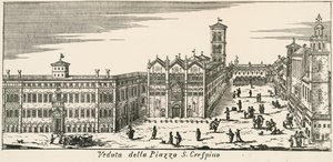 Ansicht der Piazza San Crispino und der Kathedrale von Ferrara, Gravur, Italien