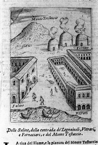 Ansicht einer Saline, die Nachbarschaft von Holzfällern, Glasmachern und Bäckern in der Nähe des Monte Testaccio in Rom. Gravur aus „Ritratto di Roma Antica“ von Filippo de Rossi. 1654 von Italian School