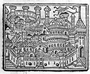 Ansicht der Stadt Aosta in Italien. Gravur in „Supplemento alle cronache“ von Fra Jacopo Filippo Foresti, Venedig von Italian School