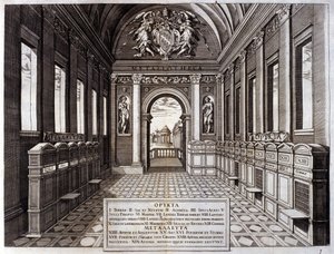 Ansicht des Museums von Michele Mercati (1541-1595), Verwalter der Vatikanischen Botanischen Gärten. Gravur aus „Metallotheca...“ Rom 1717 - 1719