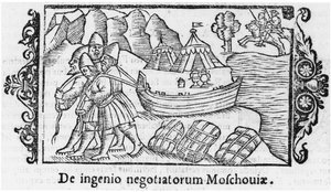 Wikinger tragen ein Boot nach Russland, Illustration aus Historia de Gentibus Septentrionalibus von Olaus Magnus (1490-1558), veröffentlicht in Rom, 1555