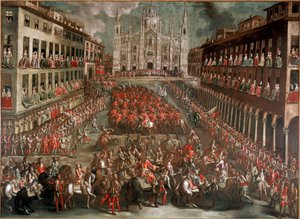 Spanischer Erbfolgekrieg: Feierlichkeiten zur Feier des Einzugs von Prinz Eugen von Savoyen (1663-1736) an der Spitze der siegreichen Armee nach der Schlacht von Turin am 24.09.1706 (Feier auf der Piazza Duomo in Mailand) von Italian School