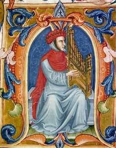 Porträt von Francesco Landini, der Orgel spielt (1325-1397), italienischer Komponist, Organist, Sänger, Dichter. Miniatur des Codex Squarcialupi des 15. Jahrhunderts. Florenz, Bibliothek Laurenziana, Ms. Med. Pal. 87.