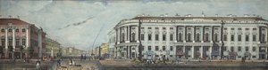 Die Polizeibrücke mit dem Stroganov-Palast. Aus dem Panorama des Newski-Prospekts, 1830