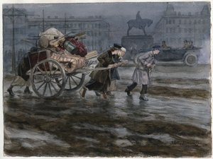 Familie zieht mit einer Handkarre um (aus der Aquarellserie Russische Revolution) - Vladimirov, Ivan Alexeyevich (1869-1947) - 1917-1918 - Aquarell auf Papier - 25,9x34,3 - Private Sammlung